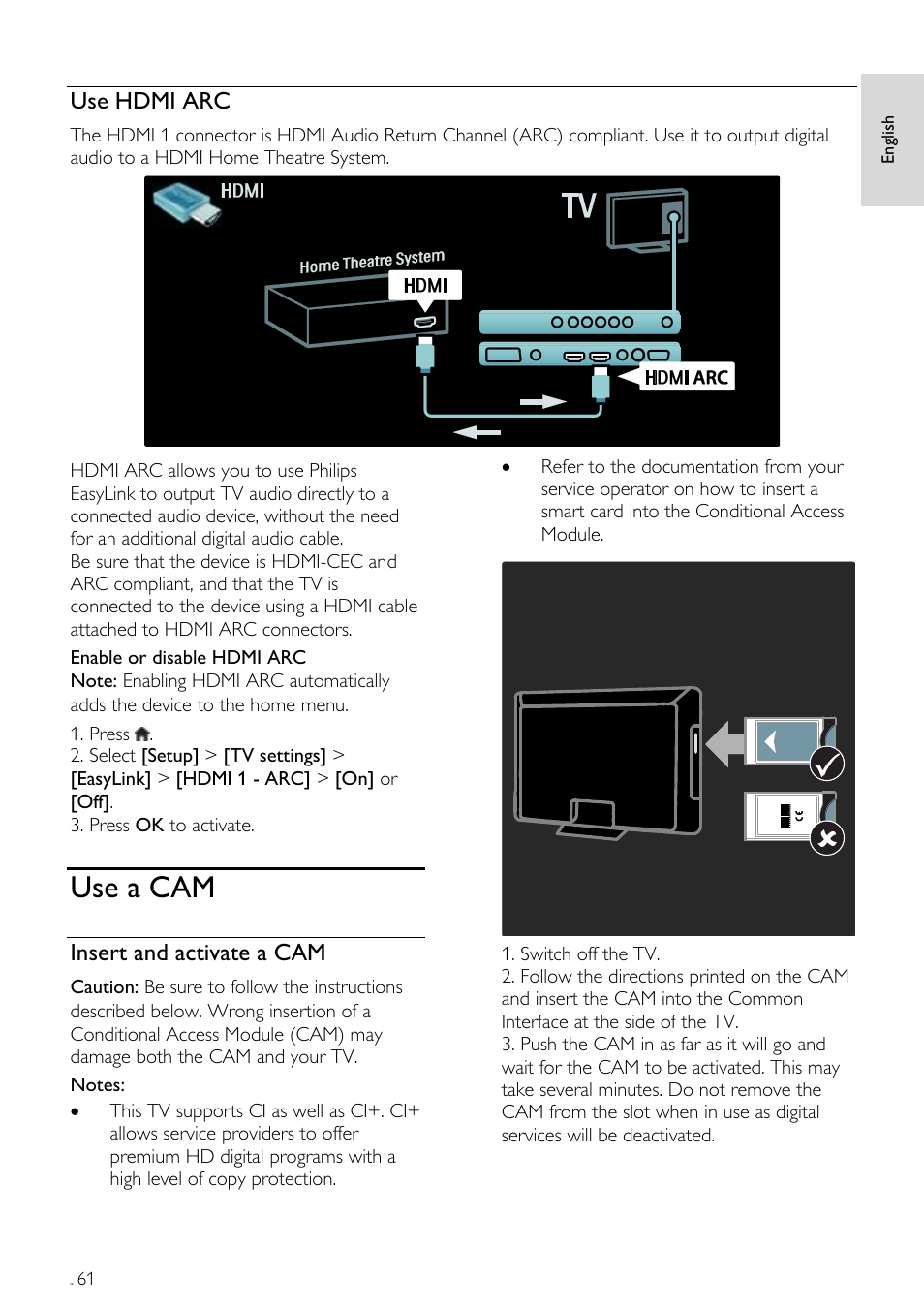 Use hdmi arc, Use a cam, Insert and activate a cam | Philips 40PFL7605H-12  User Manual | Page 62 / 74