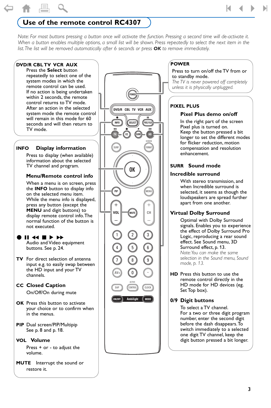 Use of the remote control rc, Use of the remote control rc4307, Pixel plus  demo on/off | Philips 32PF9996-37 User Manual | Page 7 / 38 | Original mode