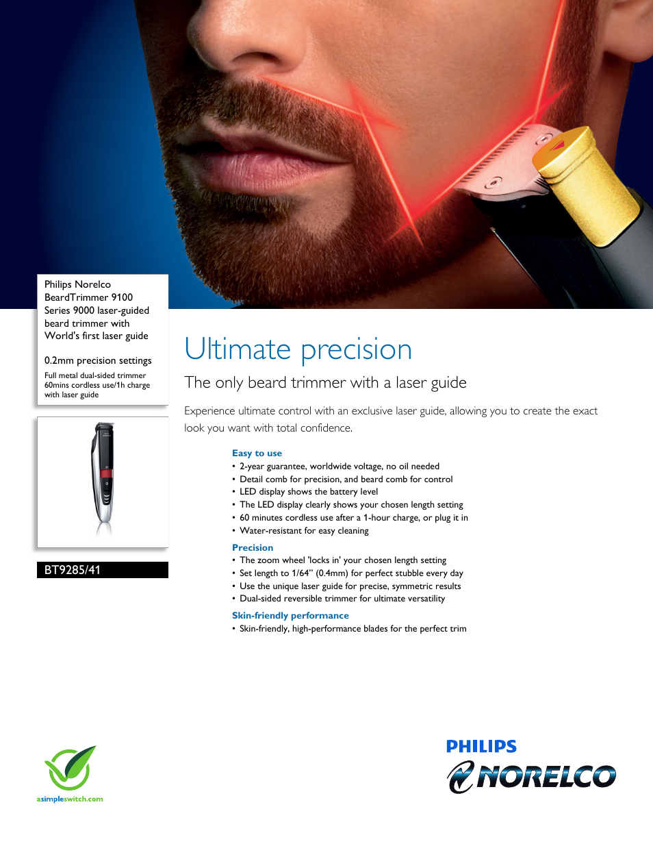 Philips Norelco BeardTrimmer 9100 Series 9000 laser-guided beard trimmer  BT9285-41 0.2mm precision settings Full metal dual-sided trimmer 60mins  cordless use-1h charge with laser guide with World&#39;s first laser guide  User Manual
