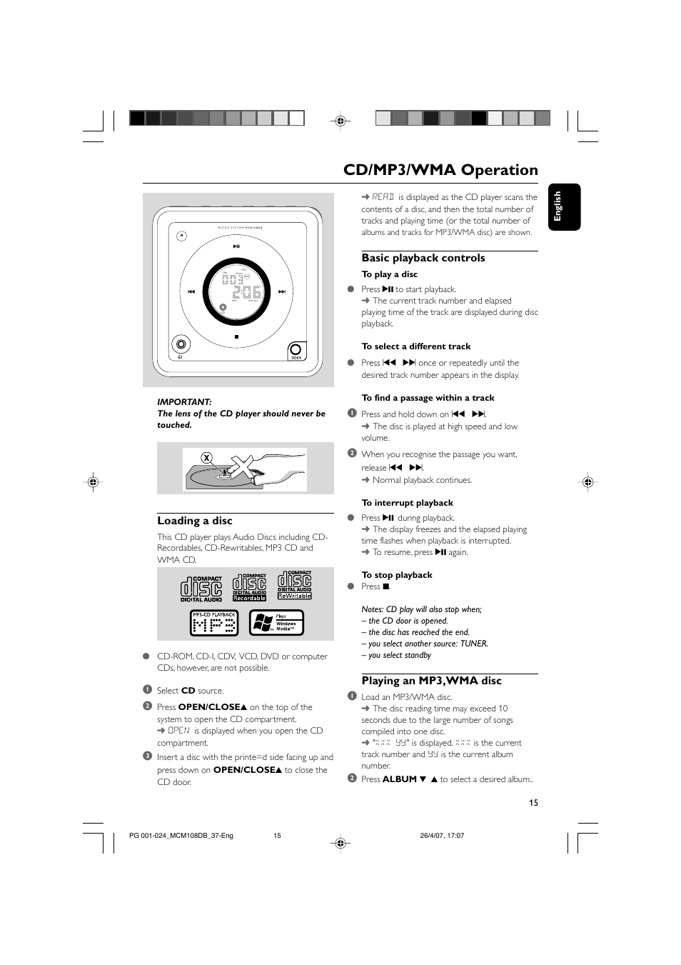 Cd/mp3/wma operation, Basic playback controls, Playing an mp3,wma disc 1 | Philips  MP3-WMA-CD playback Micro Hi-Fi System User Manual | Page 15 / 25 |  Original mode