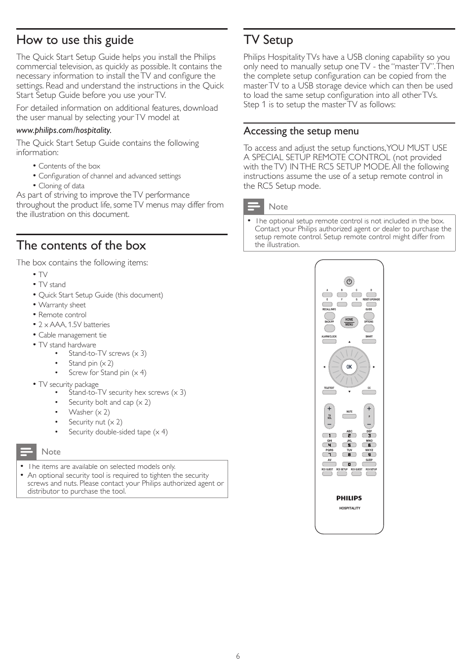 How to use this guide, The contents of the box, Tv setup | Philips  32HFL4663S-F7 User Manual | Page 6 / 12 | Original mode