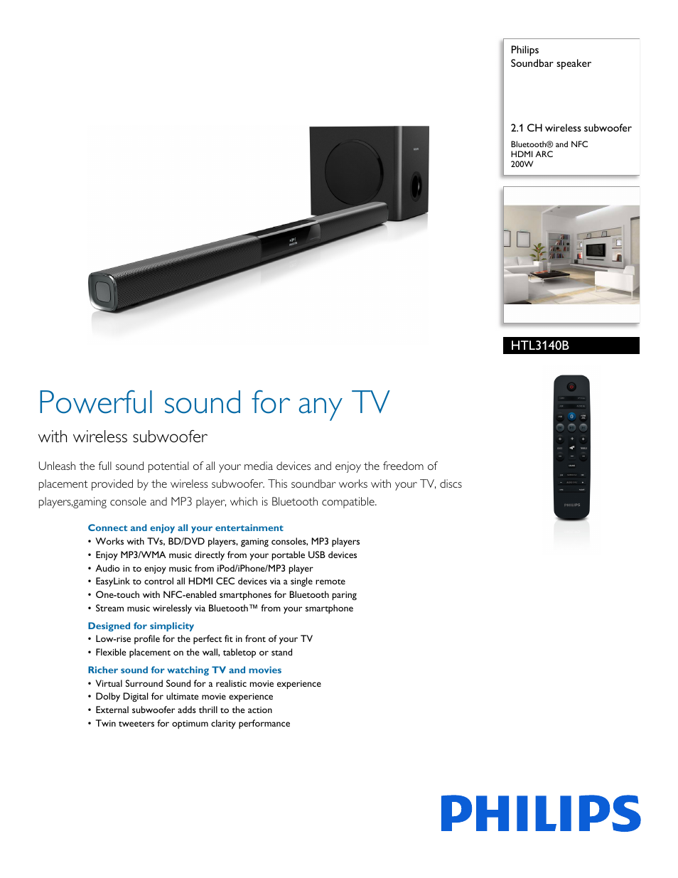 Philips Soundbar speaker HTL3140B 2.1 CH wireless subwoofer Bluetooth® and  NFC HDMI ARC 200W User Manual | 3 pages