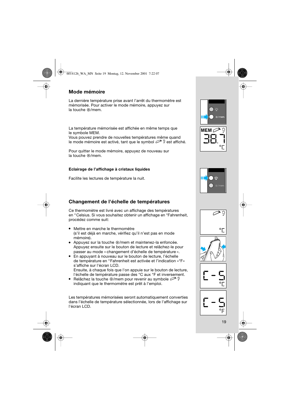Mode mémoire, Changement de l'échelle de températures | Braun ThermoScan  Pro3000 User Manual | Page 19 / 63