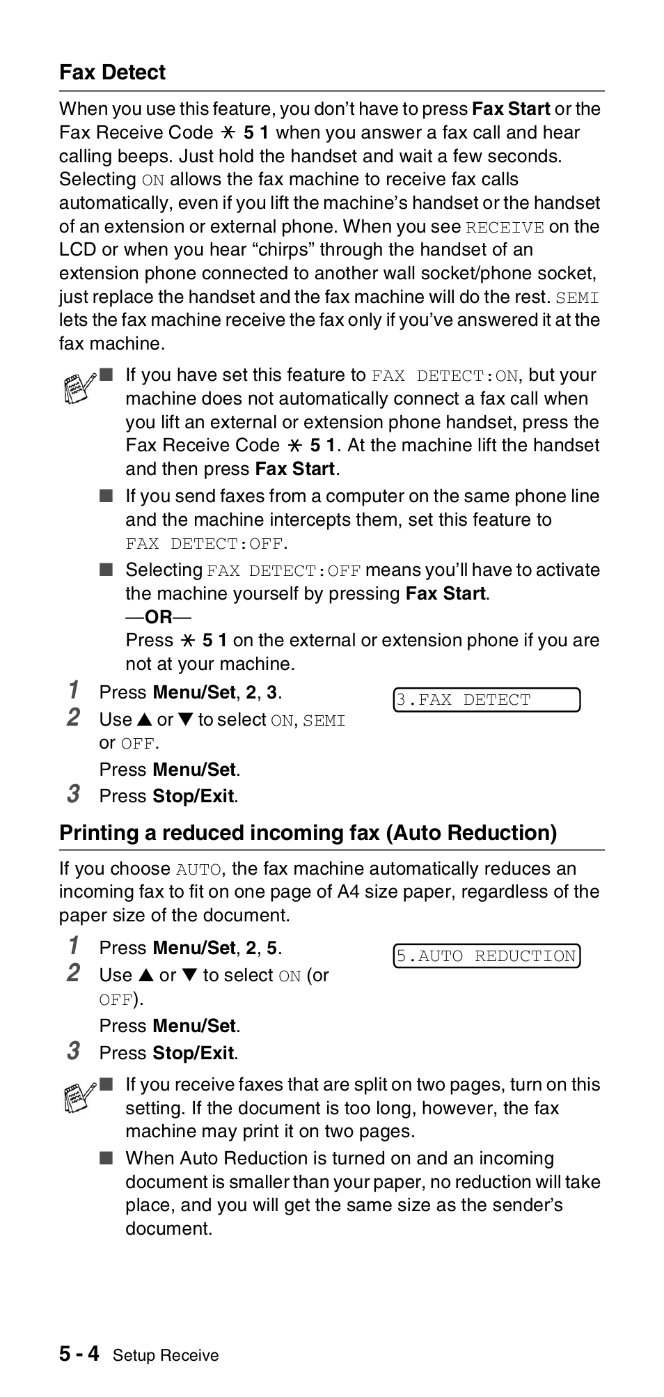 Fax detect, Printing a reduced incoming fax (auto reduction) | Brother FAX- T104 Series User Manual | Page 44 / 120