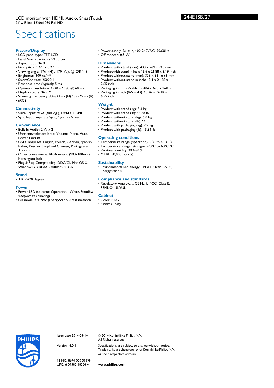 Specifications | Philips 244E1SB-27 User Manual | Page 3 / 3