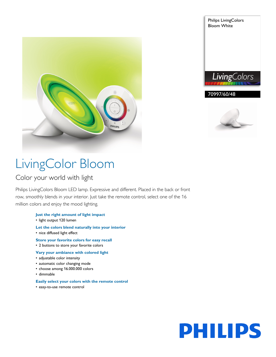 Philips LivingColors Bloom White 70997-60-48 User Manual | 3 pages