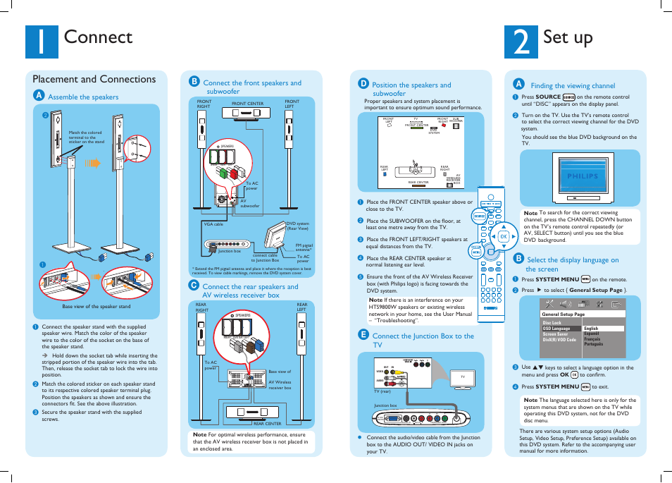 Connect, Set up, Placement and connections | Philips HTS9800W-37B User  Manual | Page 2 / 2 | Original mode