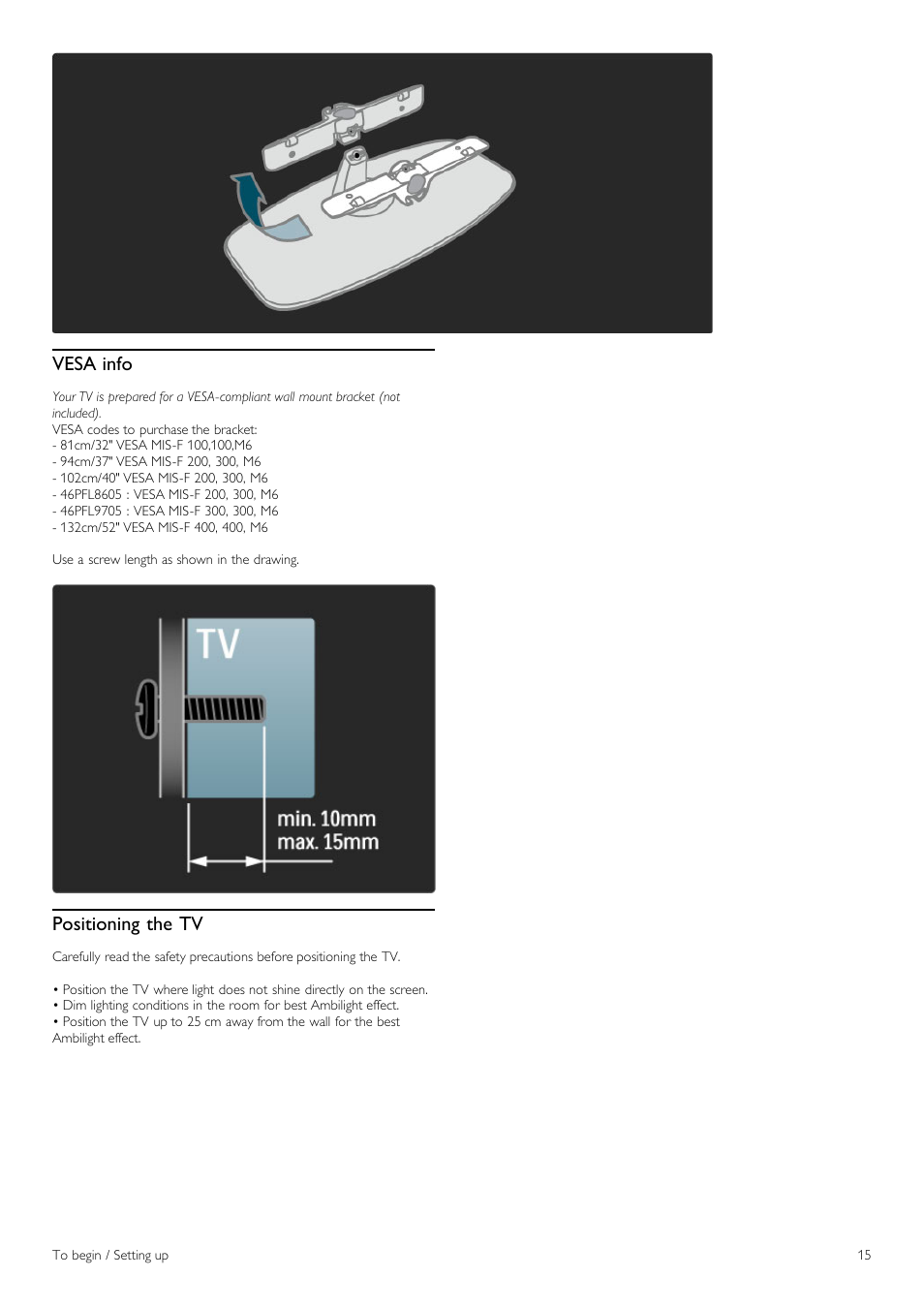 Vesa info, Positioning the tv | Philips 40PFL8605H-12 User Manual | Page 15  / 91