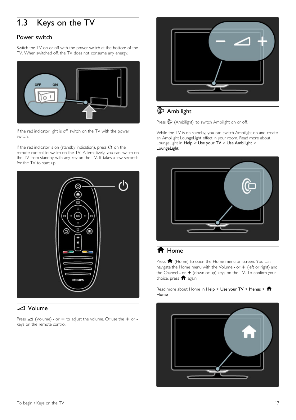 Keys on the tv, 3 keys on the tv, Power switch | Philips 40PFL8605H-12 User  Manual | Page 17 / 91