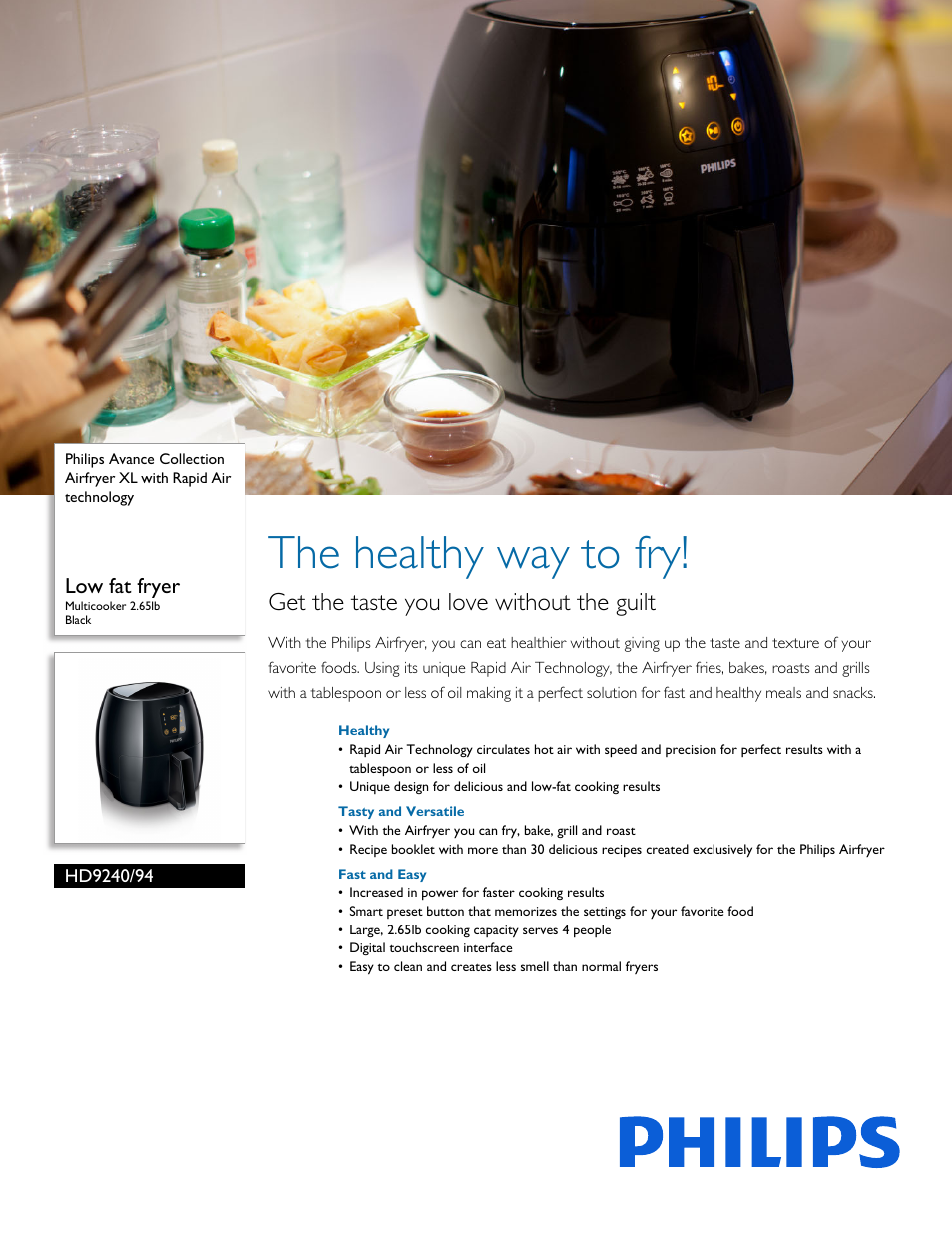 Philips Avance Collection Airfryer XL HD9240-94 Low fat fryer Multicooker  2.65lb Black with Rapid Air technology User Manual | 3 pages