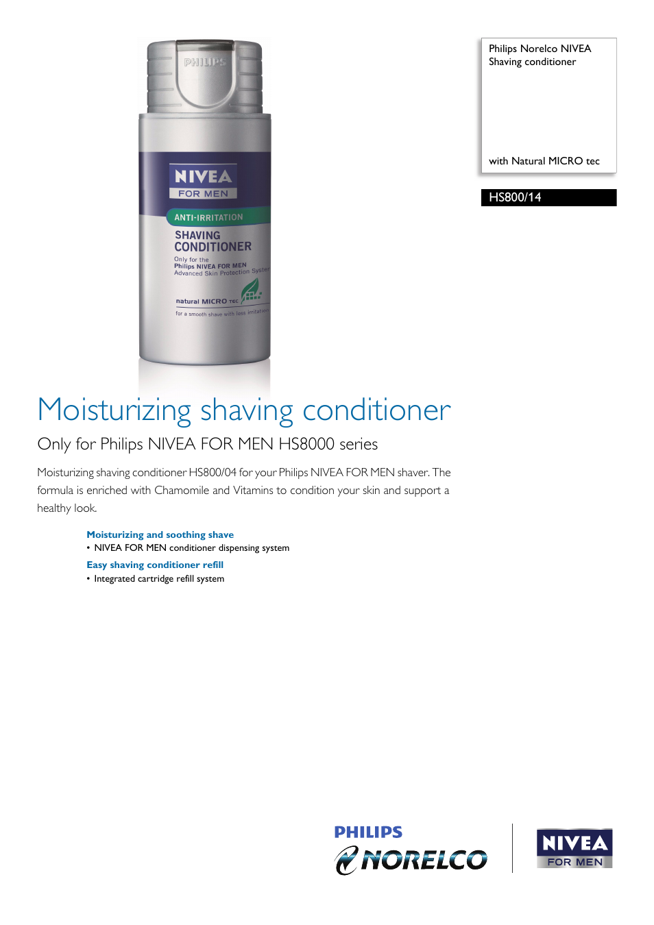 Philips Norelco NIVEA Shaving conditioner HS800-14 with Natural MICRO tec  User Manual | 2 pages