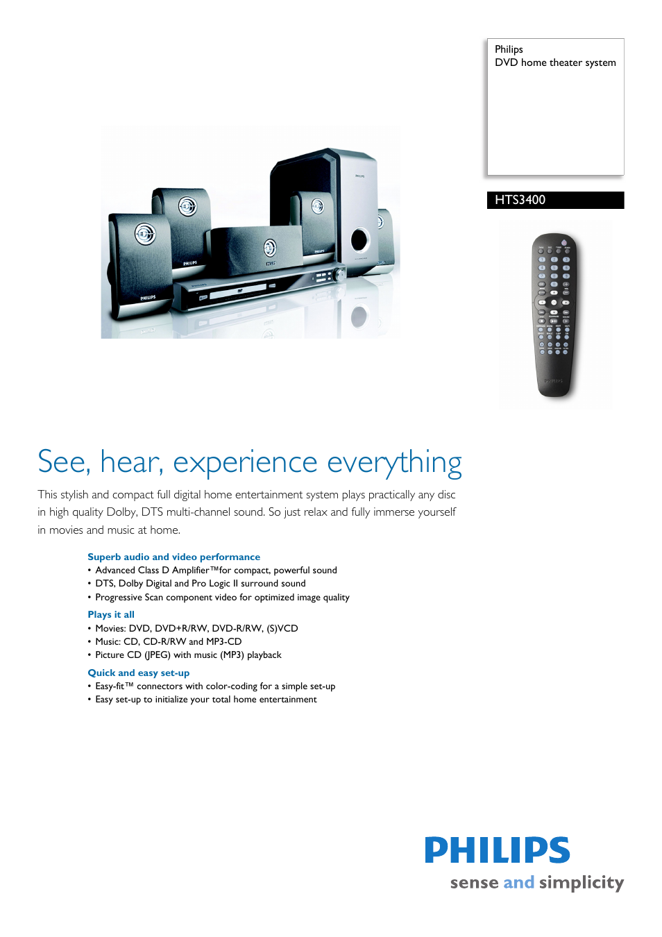 Philips DVD home theater system HTS3400 User Manual | 3 pages | Also for:  HTS3400-37B