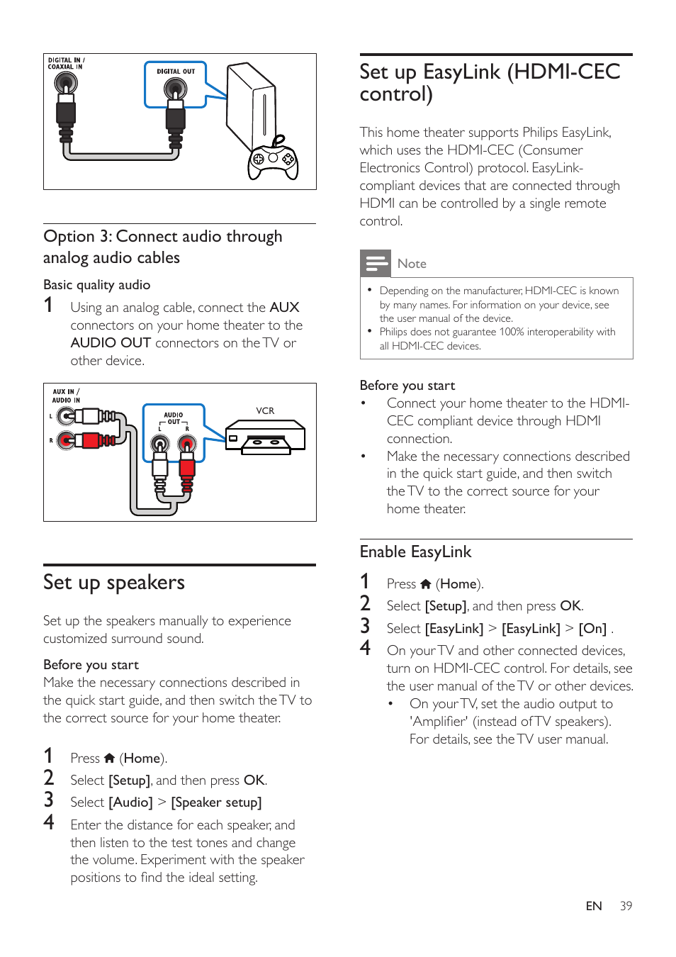 Set up speakers, Set up easylink (hdmi-cec control), Hdmi-cec is a feature  that enables | Philips HTS3541-F7 User Manual | Page 41 / 70 | Original mode