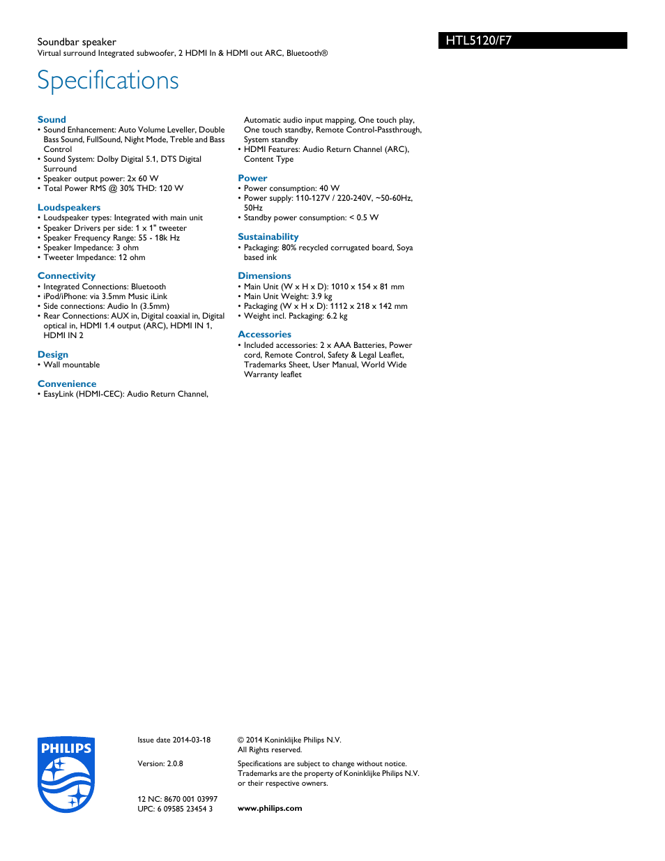 Specifications | Philips HTL5120-F7 User Manual | Page 3 / 3