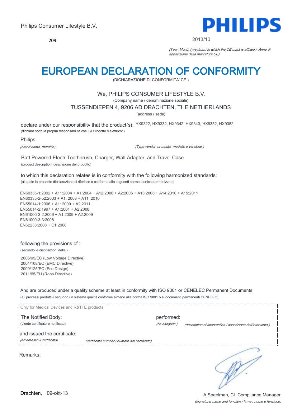 European declaration of conformity | Philips Sonicare DiamondClean  Rechargeable sonic toothbrush HX9352-04 5 modes 2 brush heads Glass charger  travel case Limited Black Edition User Manual | Page 10 / 22 | Original mode