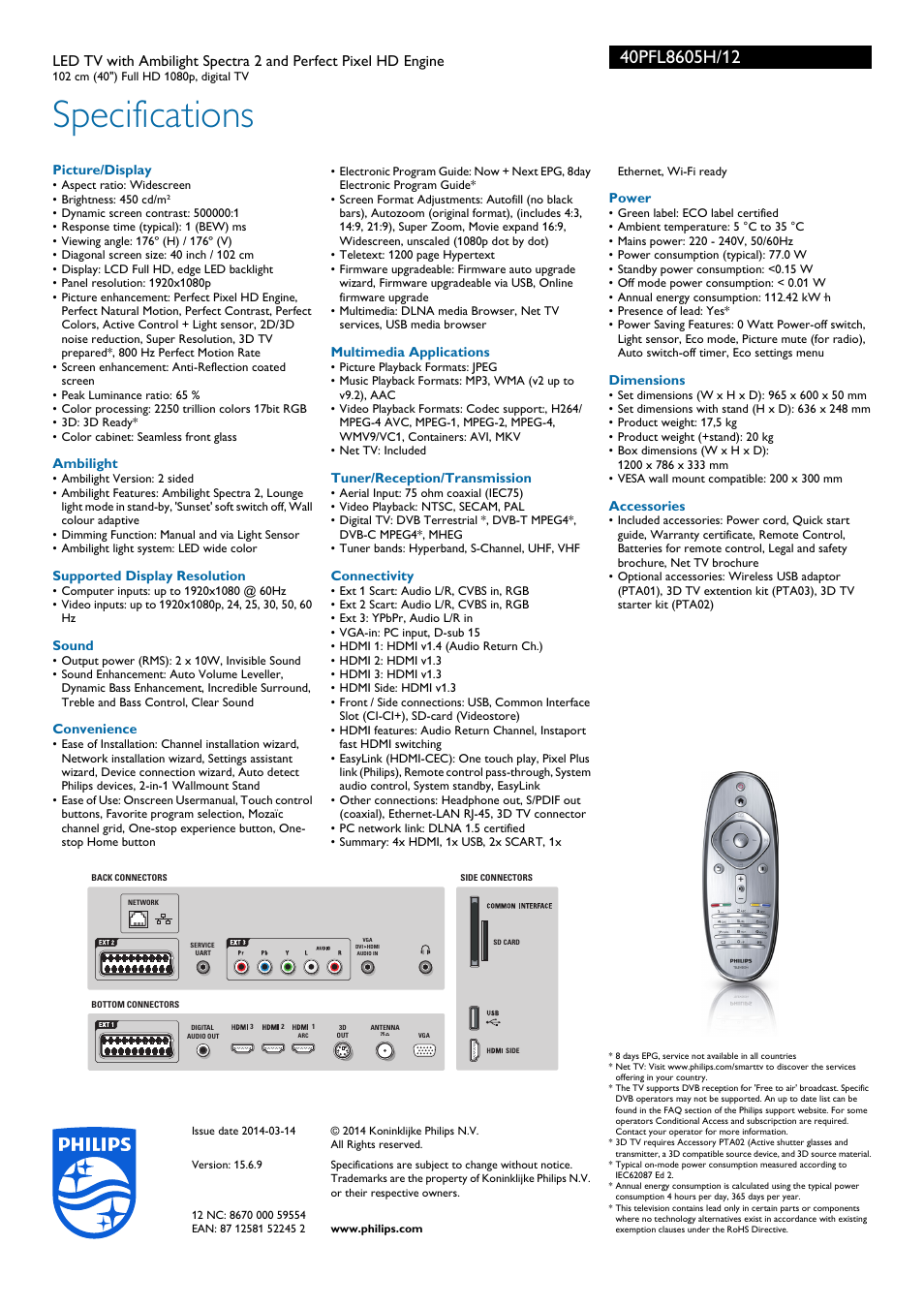 Specifications | Philips 40PFL8605H-12 User Manual | Page 3 / 3 | Original  mode