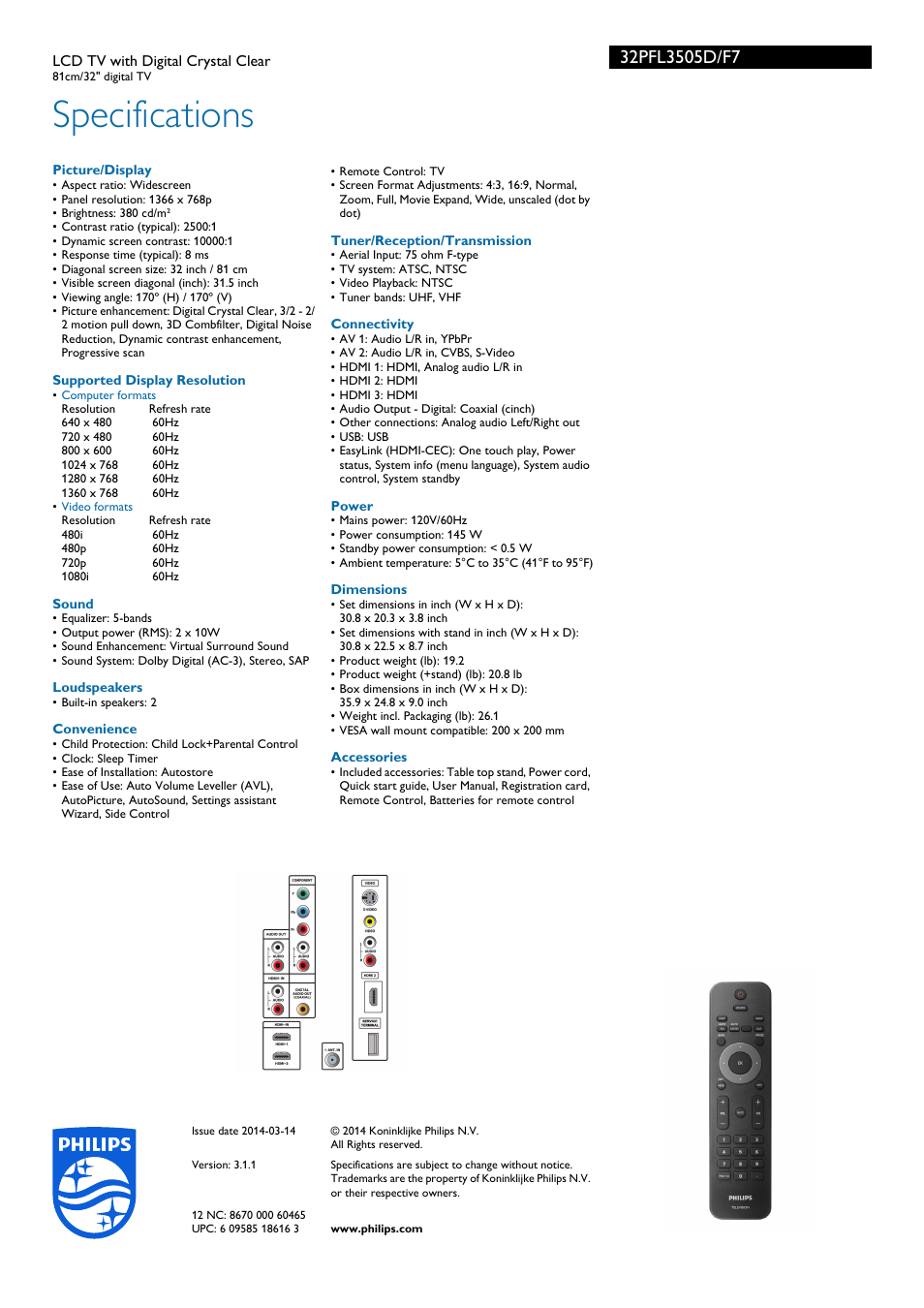 Specifications | Philips 32PFL3505D-F7 User Manual | Page 3 / 3 | Original  mode