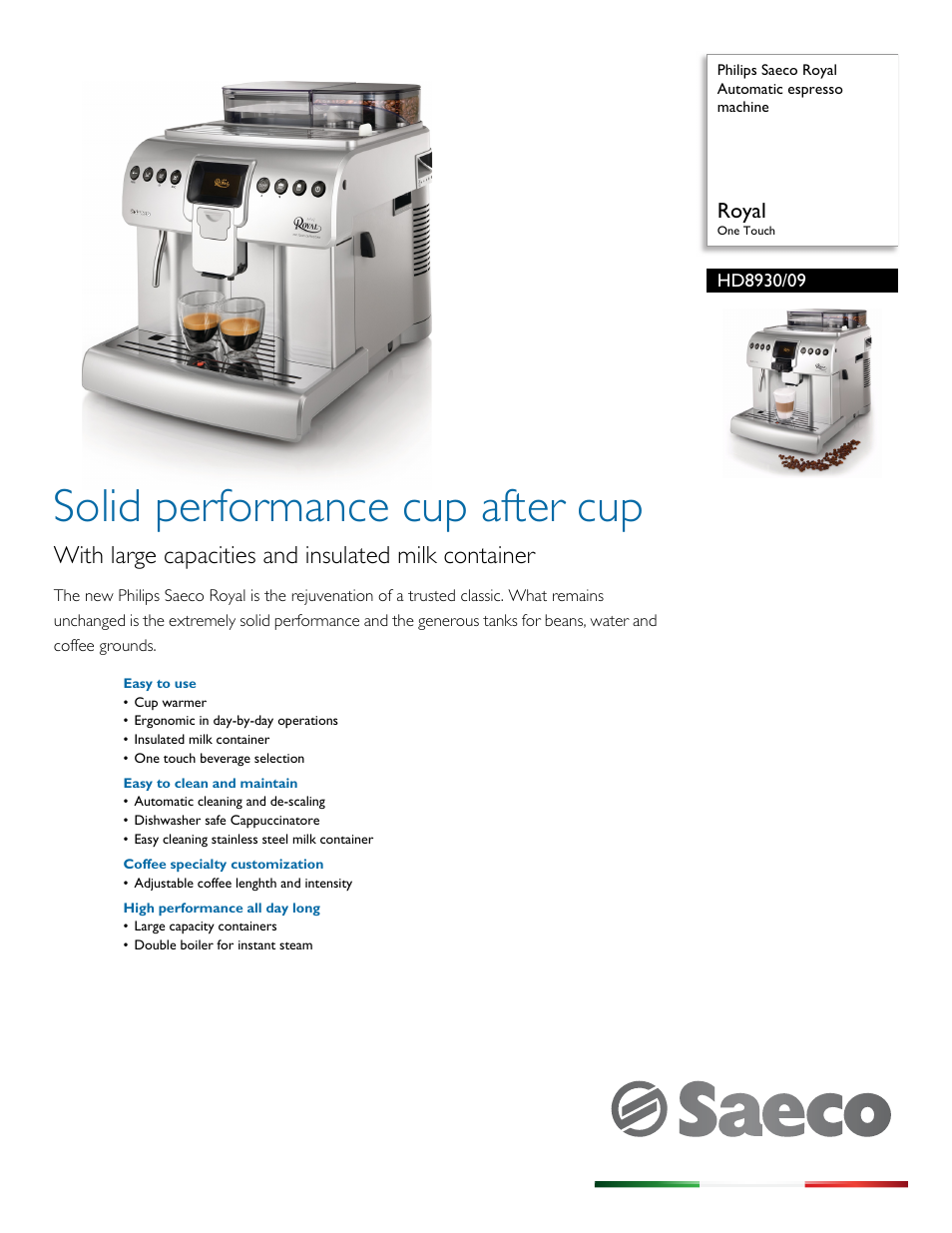 Philips Saeco Royal Automatic espresso machine HD8930-09 Royal One Touch  User Manual | 3 pages