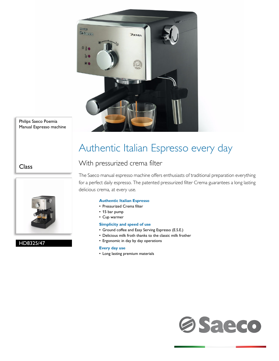 Philips Saeco Poemia Manual Espresso machine HD8325-47 Class User Manual |  3 pages