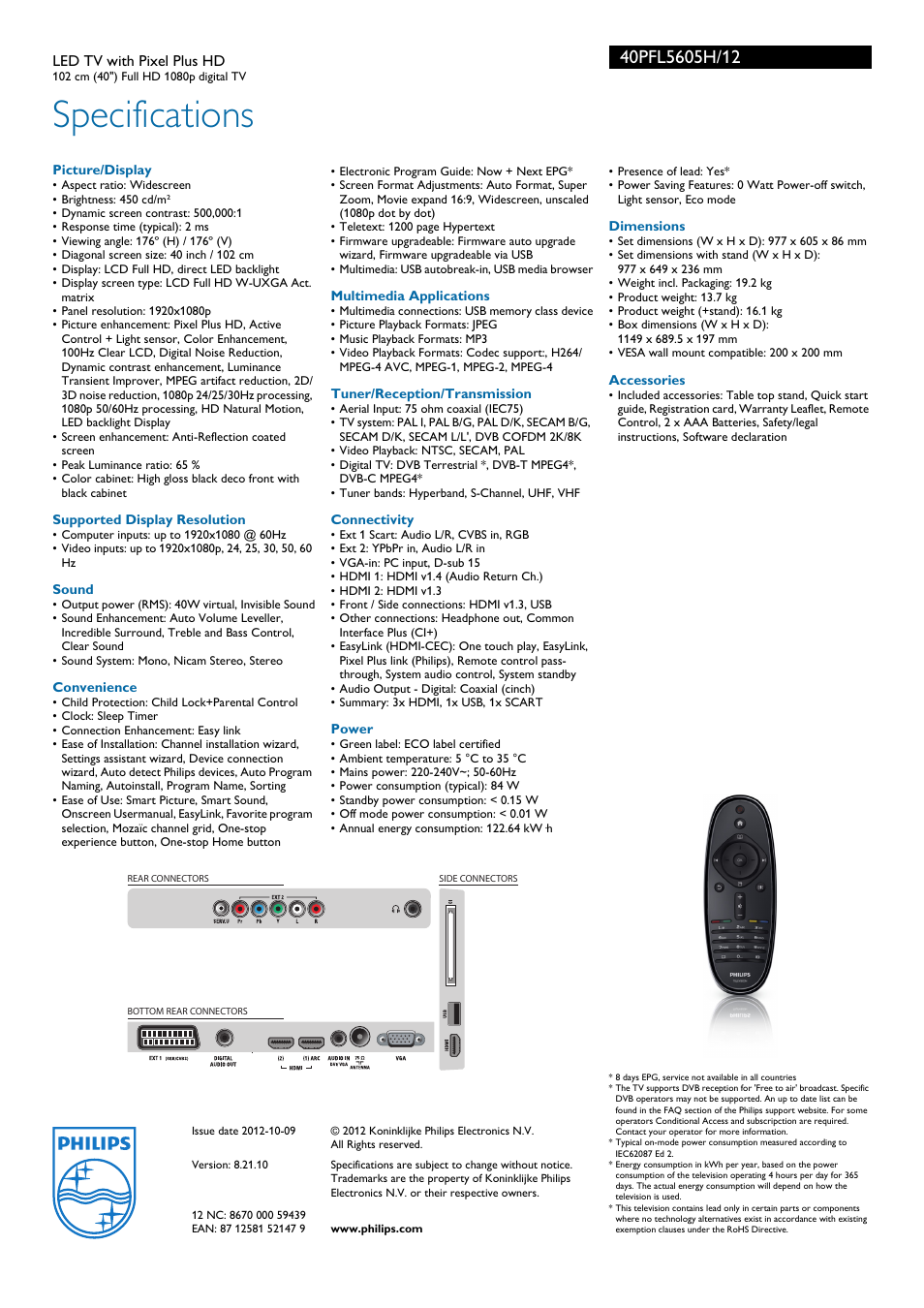 Specifications | Philips 40PFL5605H-12 User Manual | Page 3 / 3 | Original  mode