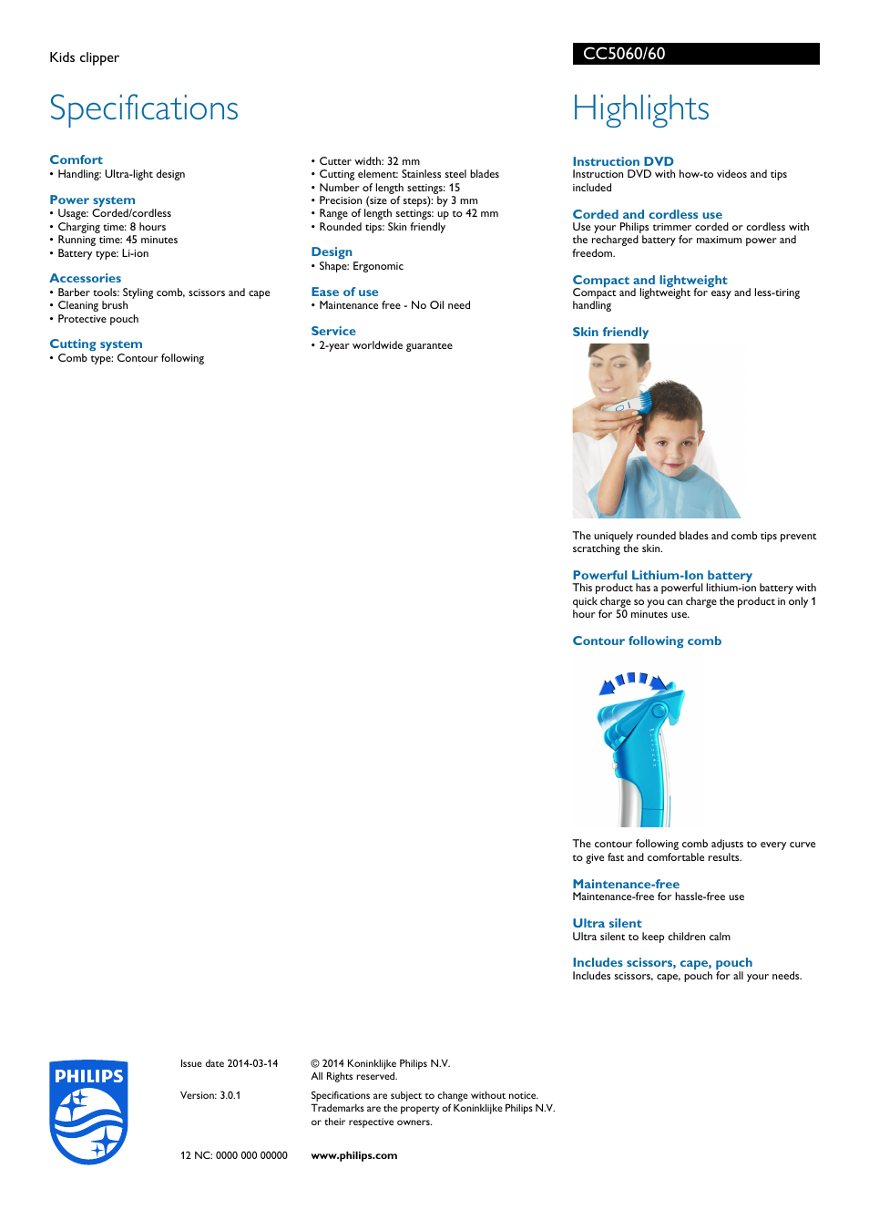 Specifications, Highlights | Philips CC5060-60 User Manual | Page 2 / 2