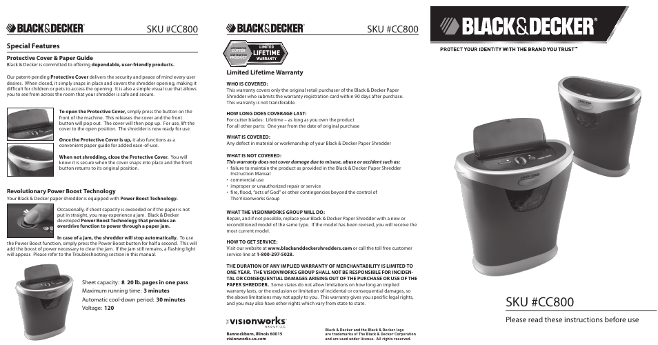 BLACK & DECKER PAPER SHREDDER MODEL CC800
