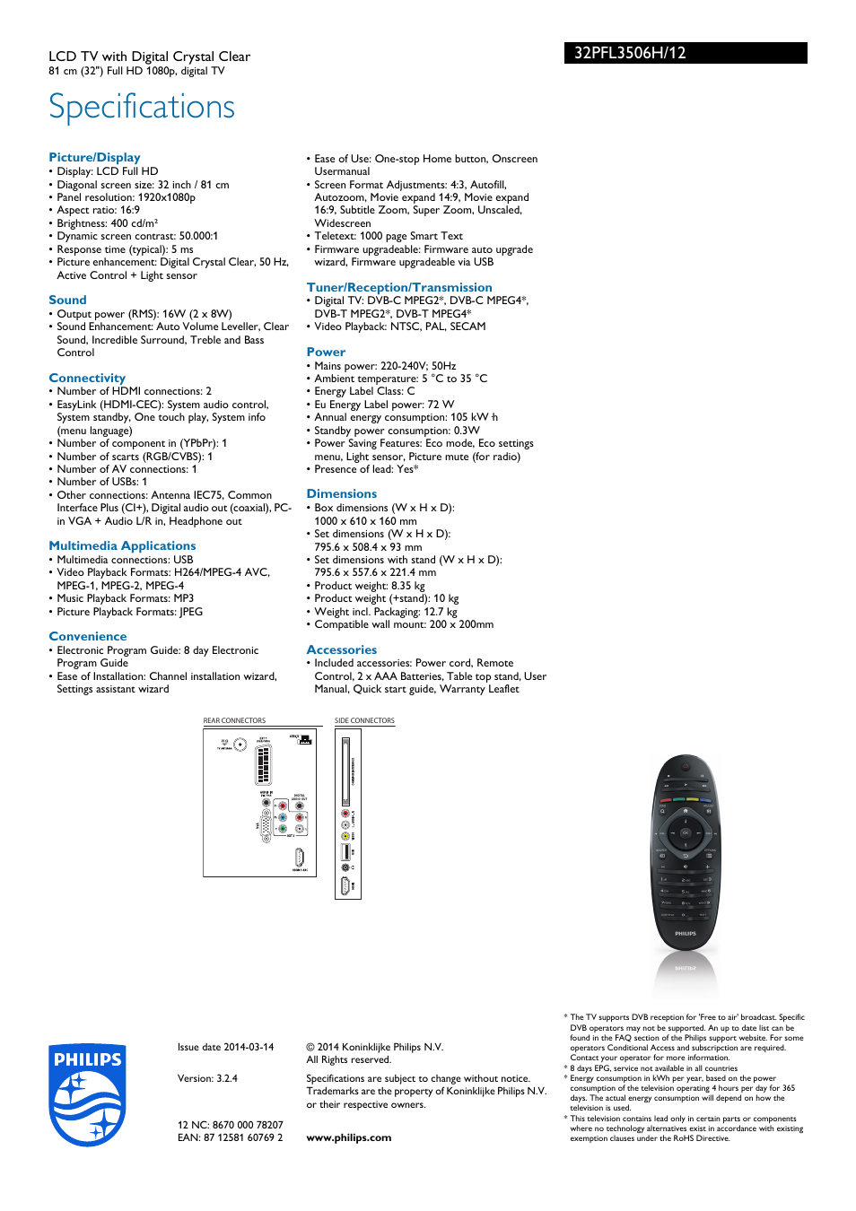 Specifications | Philips 32PFL3506H-12 User Manual | Page 3 / 3 | Original  mode
