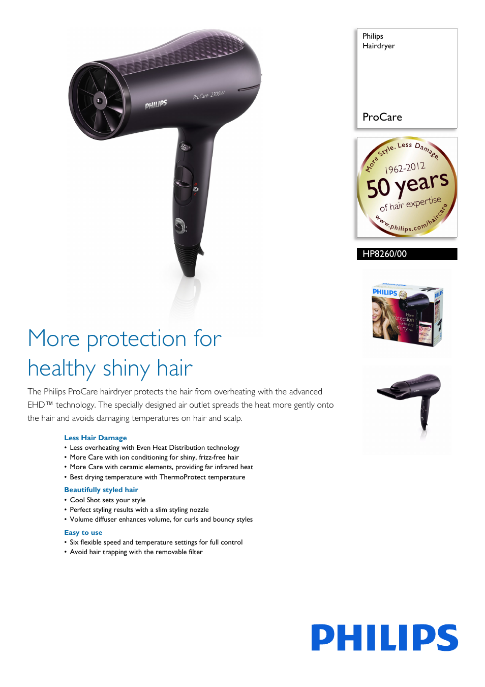 Philips Hairdryer HP8260-00 2300W Even Heat Distribution Ionic Care with  Volume Diffuser User Manual | 2 pages