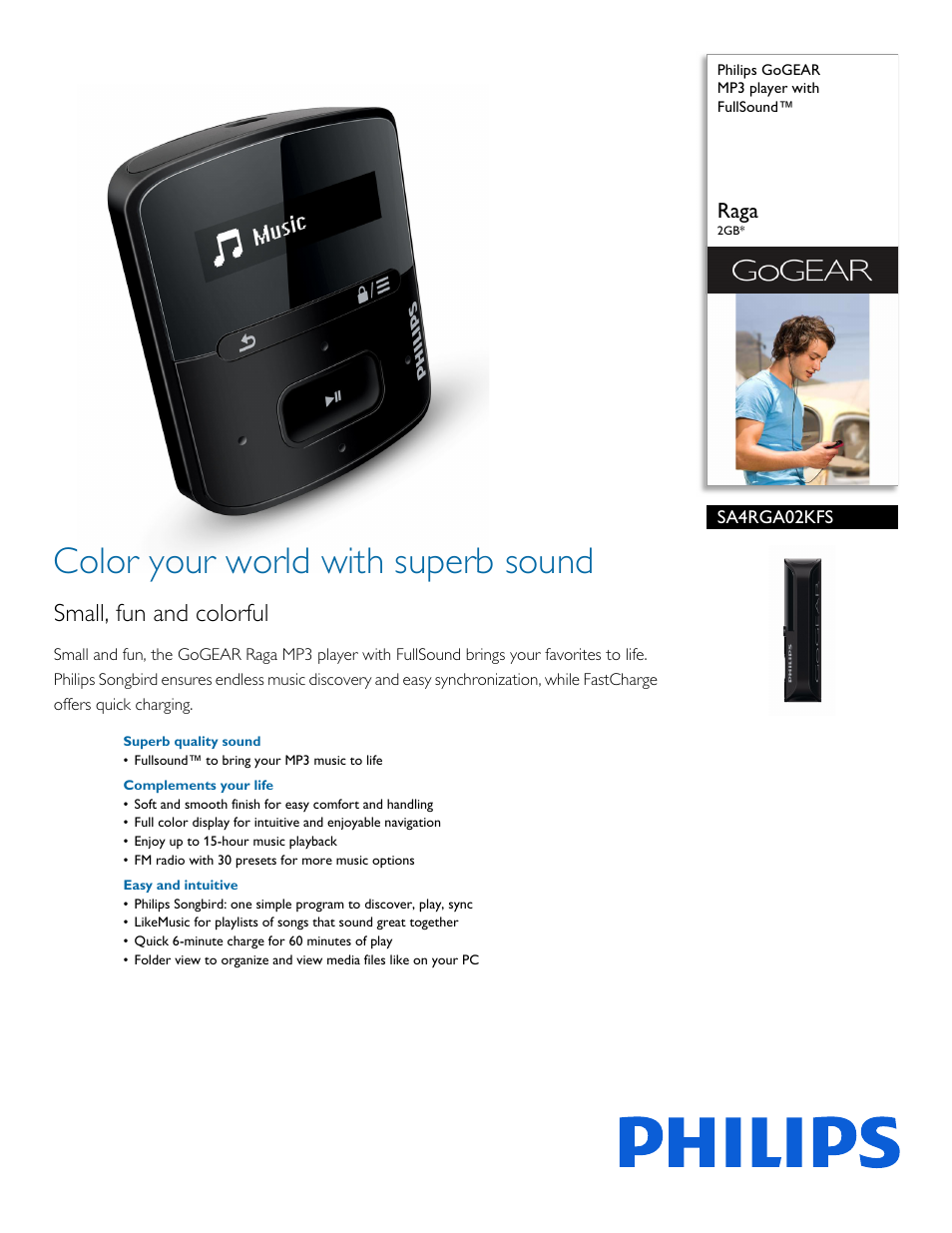 Philips GoGEAR MP3 player SA4RGA02KFS Raga 2GB* with FullSound™ User Manual  | 3 pages