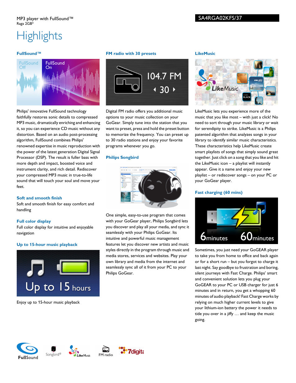Highlights | Philips GoGEAR MP3 player SA4RGA02KFS Raga 2GB* with  FullSound™ User Manual | Page 2 / 3 | Original mode