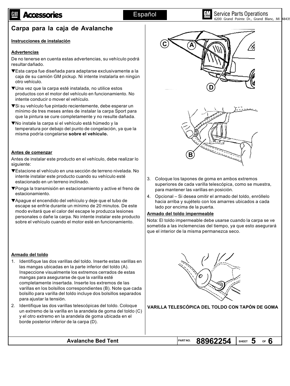 Avalacnhe awn instructions pg 5.pdf, Español carpa para la caja de  avalanche, Ca d b | Napier Avalanche Truck Tent User Manual | Page 5 / 6