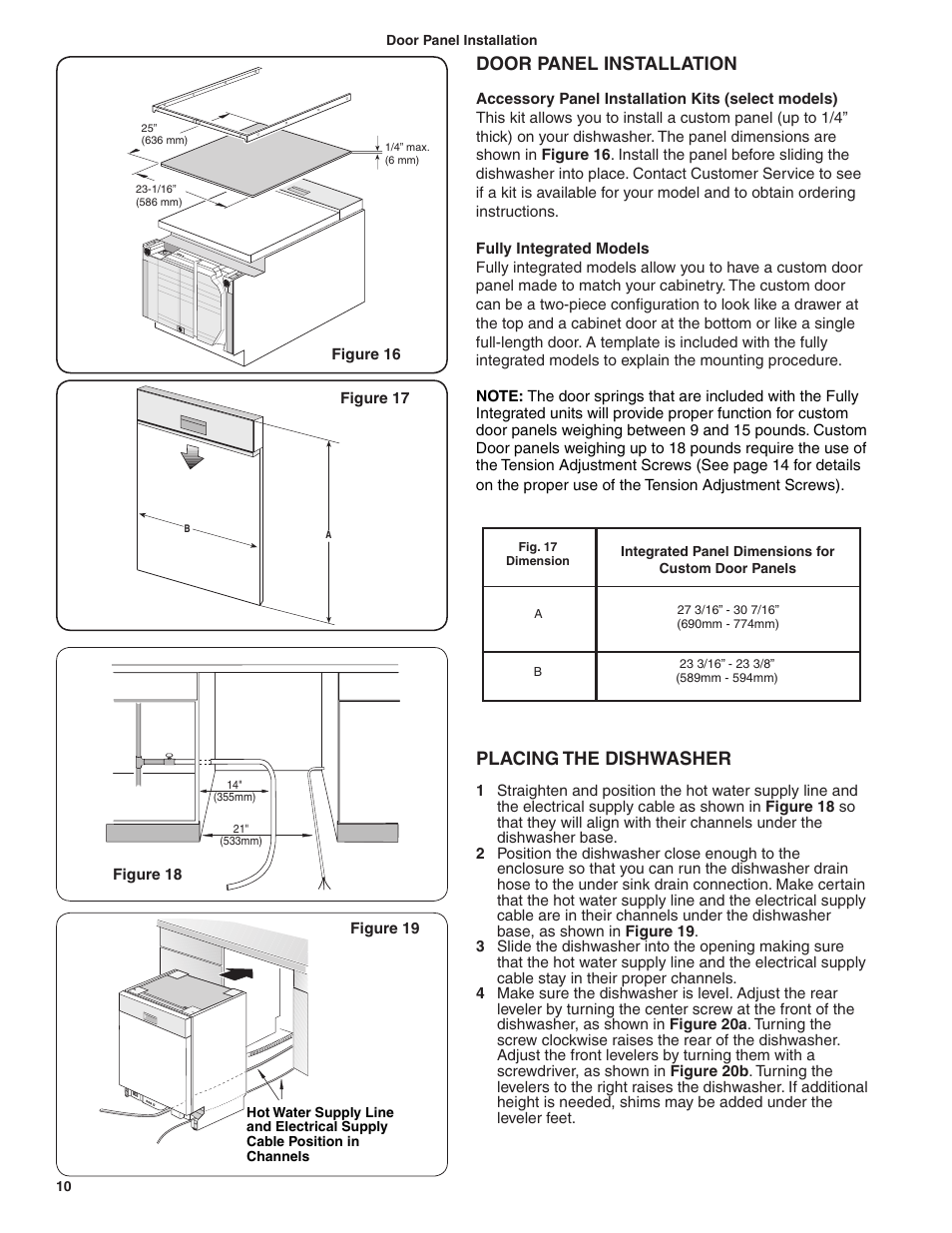 Door panel installation, Placing the dishwasher | Bosch BSH Dishwasher User  Manual | Page 10 / 48