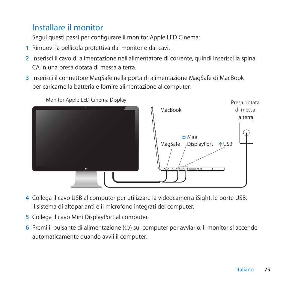Installare il monitor, 75 installare il monitor | Apple LED Cinema Display  (27-inch) User Manual | Page 75 / 104 | Original mode