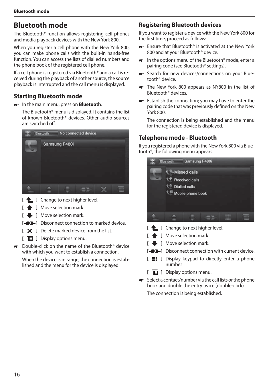 Bluetooth mode, Starting bluetooth mode, Registering bluetooth devices | Blaupunkt  NEW YORK 800 User Manual | Page 16 / 24