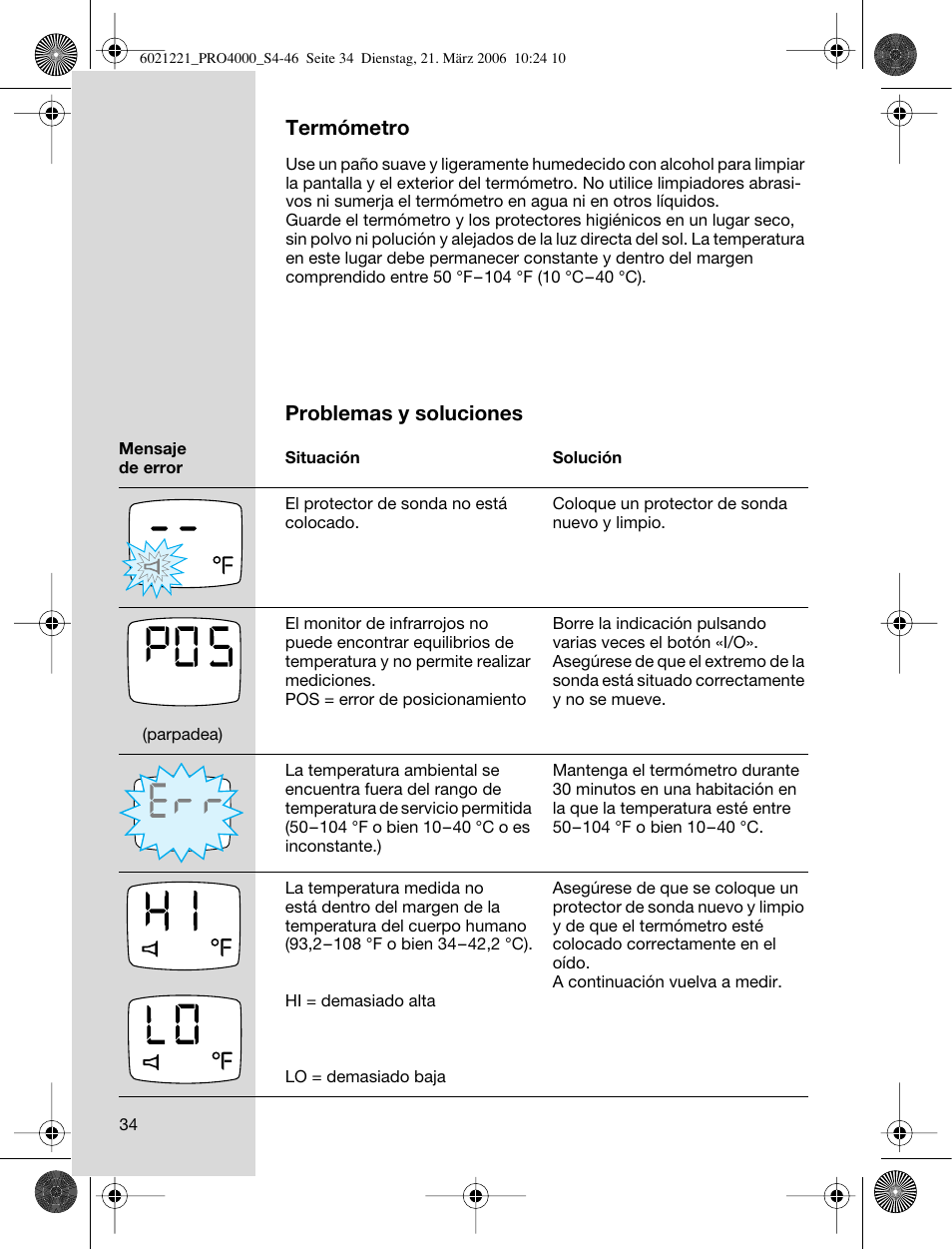Termómetro, Problemas y soluciones | Braun ThermoScan PRO 4000 User Manual  | Page 34 / 46