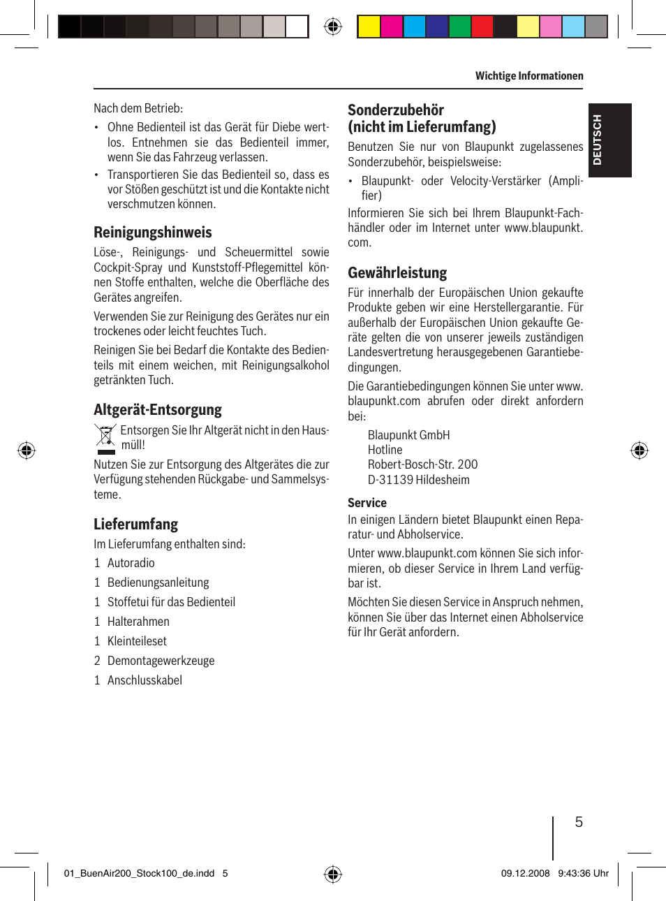 Reinigungshinweis, Altgerät-entsorgung, Lieferumfang | Blaupunkt BUENOS  AIRES 200 7 649 020 110 User Manual | Page 5 / 140