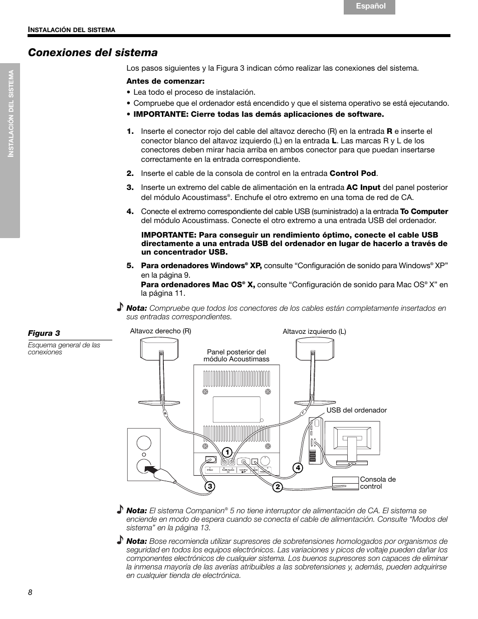 Conexiones del sistema | Bose Companion 5 User Manual | Page 28 / 56 |  Original mode