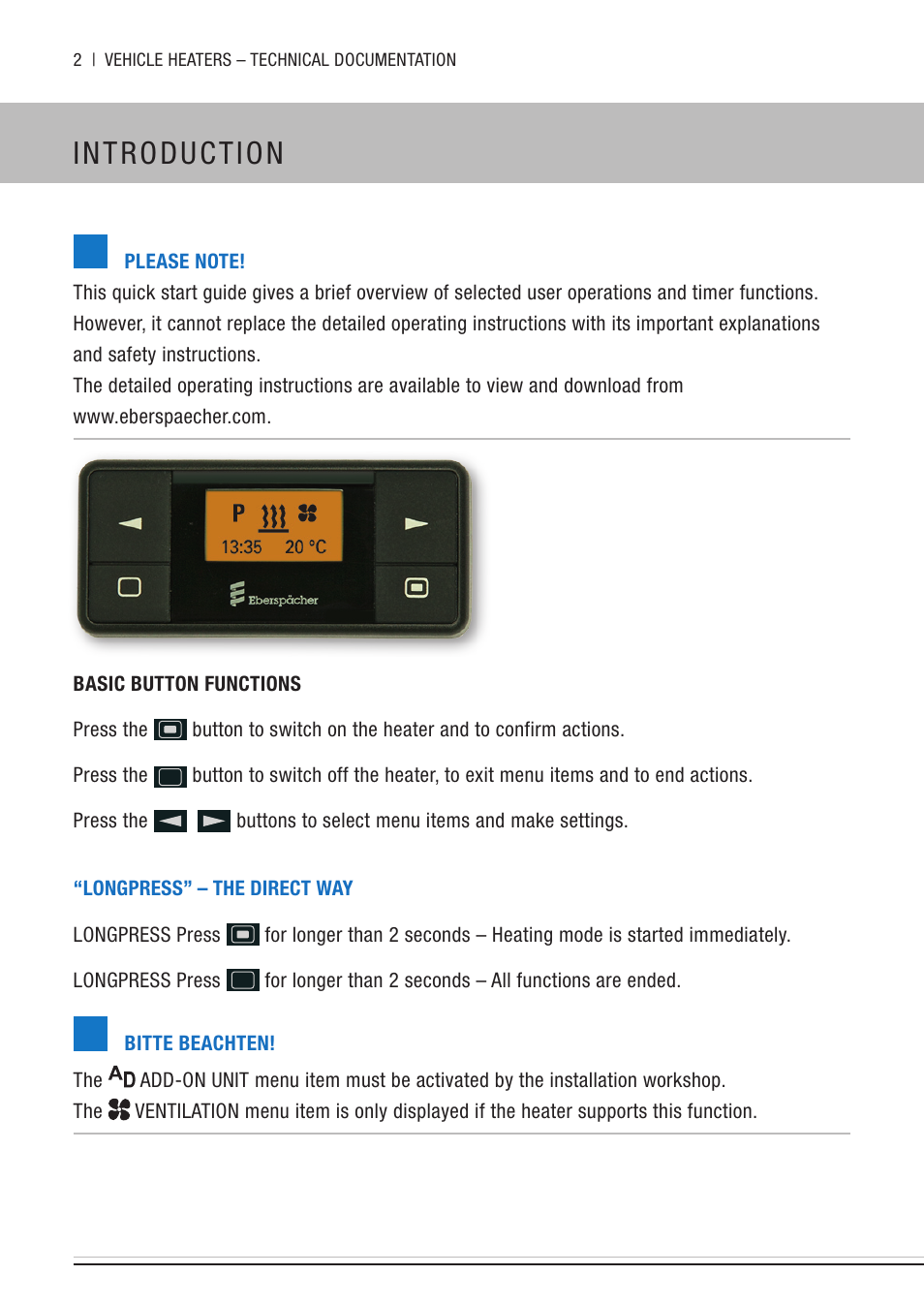 Introduction | Eberspacher EasyStart Timer Quick Guide User Manual | Page 2  / 8
