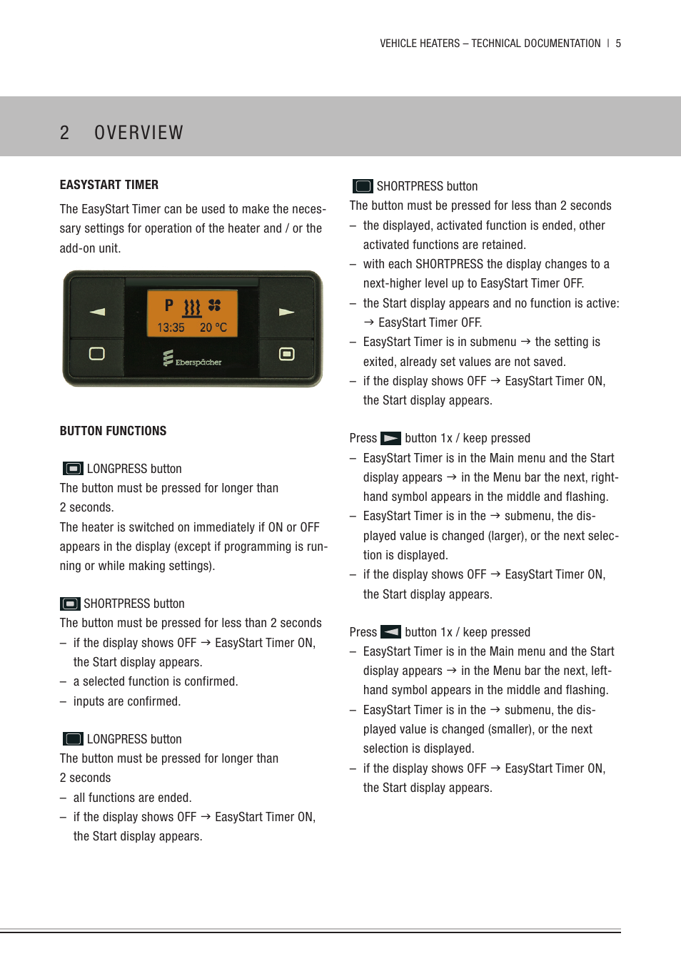 2 overview, Easystart timer, Button functions | Eberspacher EasyStart Timer  Operating instructions User Manual | Page 5 / 32