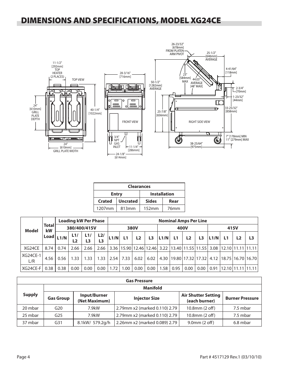 Dimensions and specifications, model xg24ce | Garland XG36CE BE/FR MASTER  SERIES GAS XPRESS GRILL User Manual | Page 4 / 32 | Original mode