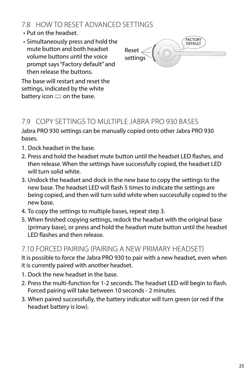 8 how to reset advanced settings, 9 copy settings to multiple jabra pro 930  bases, 10 forced pairing (pairing a new primary headset) | Jabra PRO 930  User Manual User Manual | Page 25 / 33 | Original mode