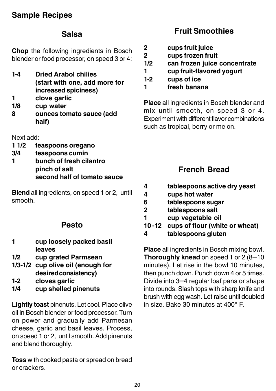 Sample recipes salsa, Pesto, Fruit smoothies | Bosch MUM 4405 UC User  Manual | Page 20 / 24 | Original mode