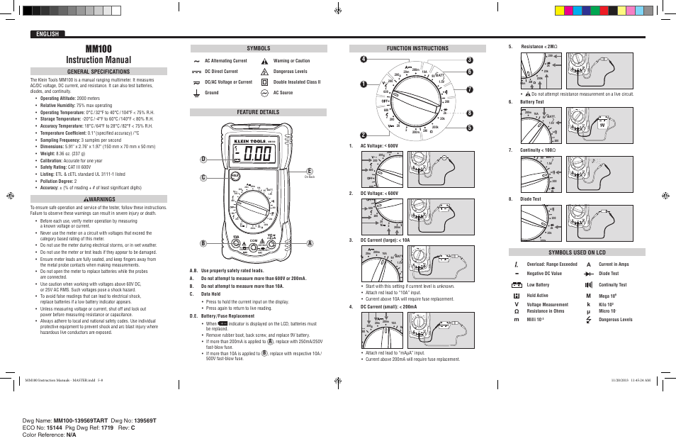 Mm100 instruction manual, English, Bc e | Klein Tools MM100 User Manual