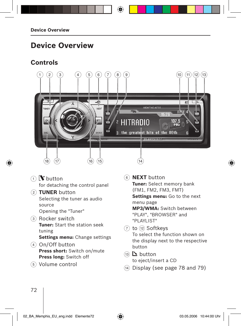 Device overview, Controls | Blaupunkt MEMPHIS MP66 7 646 520 310 User  Manual | Page 8 / 77
