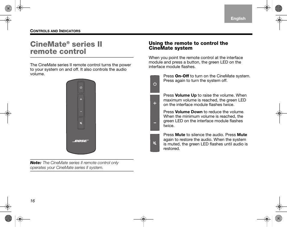 Using the remote to control the cinemate system, Cinemate, Series ii remote  control | Bose CineMate GS Series II User Manual | Page 18 / 124 | Original  mode