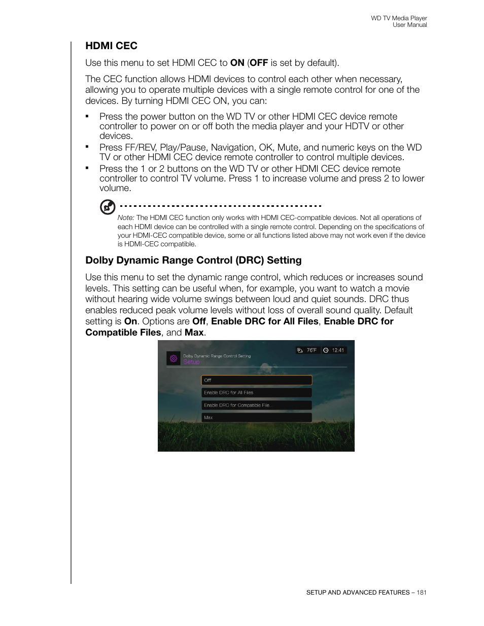 Hdmi cec, Dolby dynamic range control (drc) setting | Western Digital WD TV  User Manual User Manual | Page 186 / 244 | Original mode
