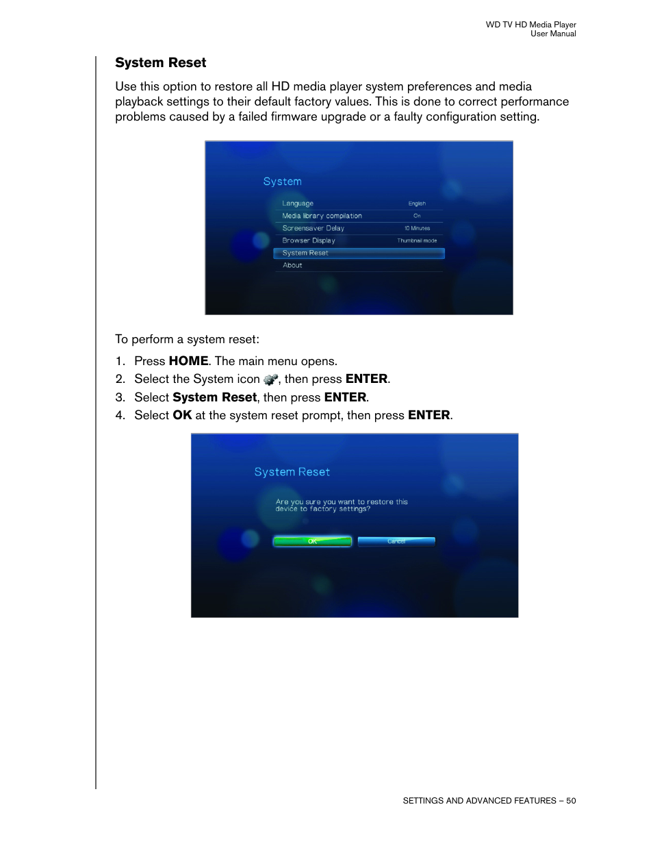 System reset | Western Digital WD TV HD Media Player (Gen 1) User Manual  User Manual | Page 53 / 81