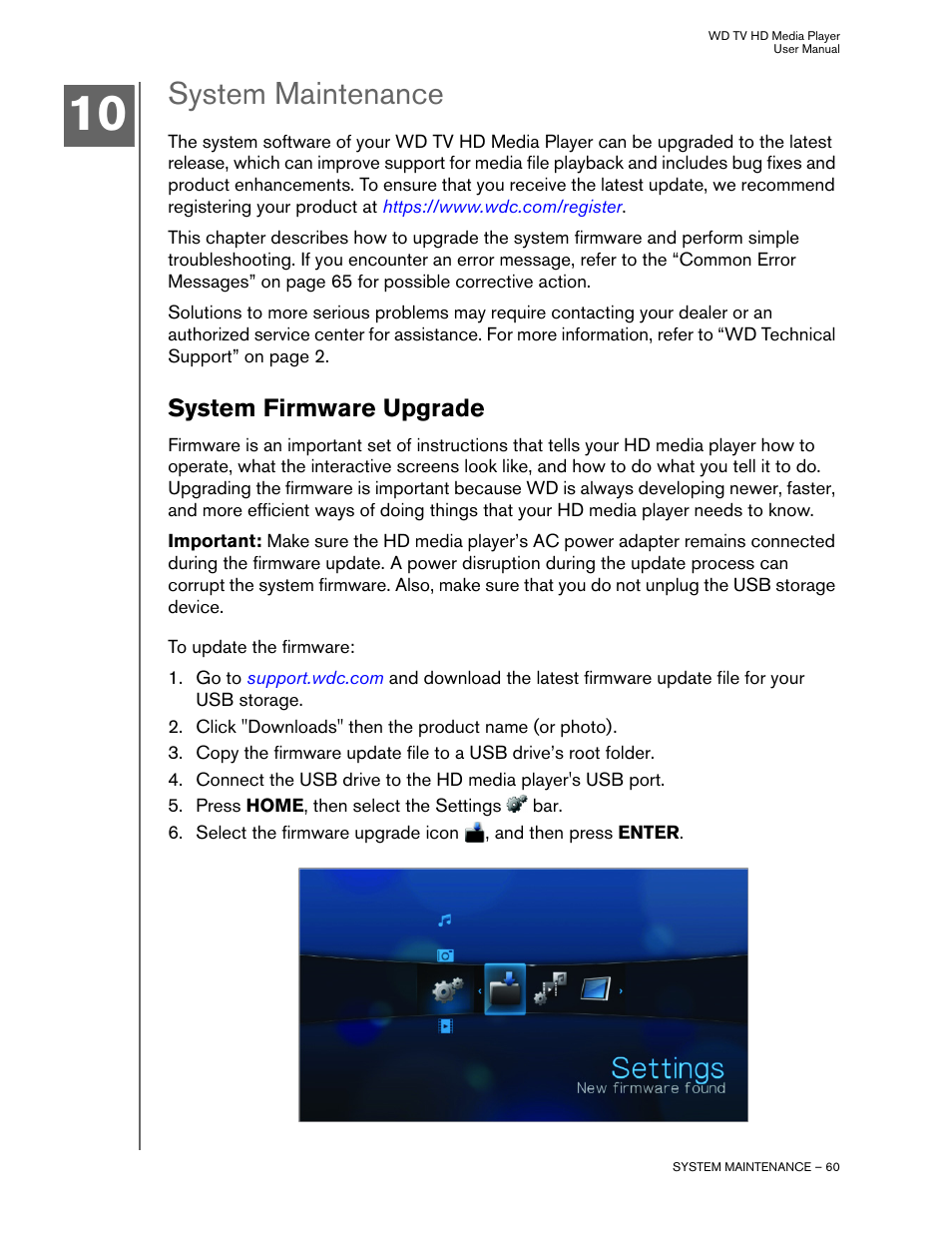 System maintenance, System firmware upgrade | Western Digital WD TV HD Media  Player (Gen 1) User Manual User Manual | Page 63 / 81