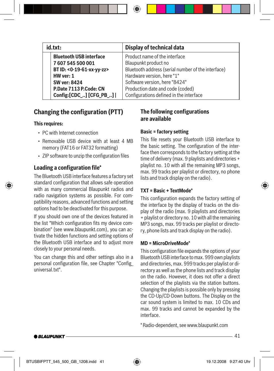 Changing the conﬁ guration (ptt) | Blaupunkt 7 607 548 500 User Manual |  Page 22 / 25