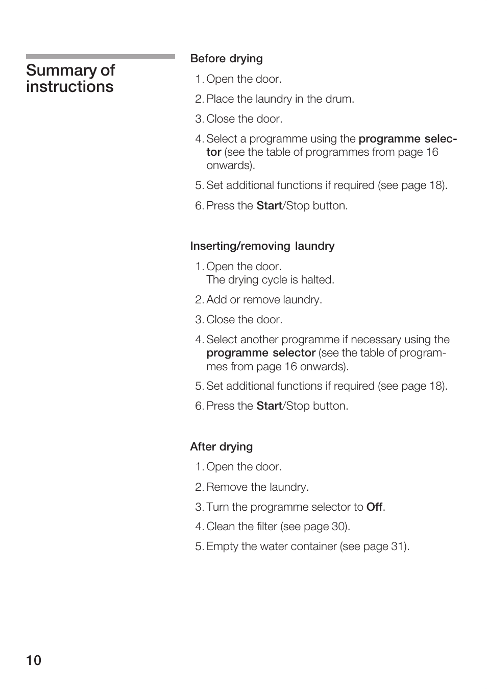Summary of instructions | Bosch Maxx WTL 6500 User Manual | Page 10 / 48 |  Original mode